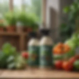 A close-up view of various insecticides arranged on a wooden table with fresh vegetables in the background.