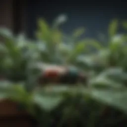 Close-up view of indoor plants with visible fly infestation