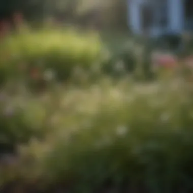 A close-up of stubborn weeds among blooming flowers in a garden