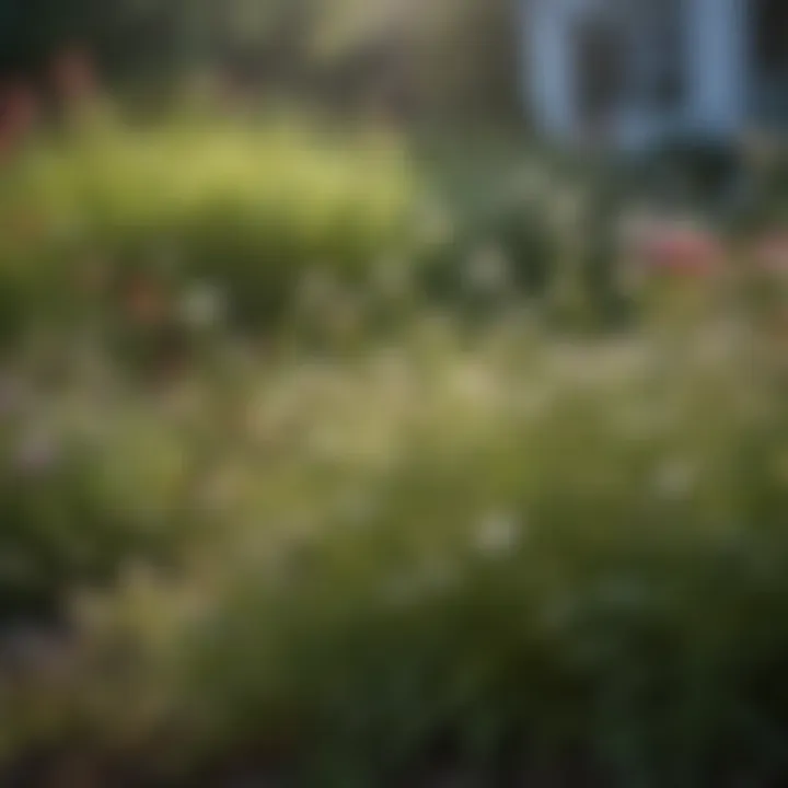 A close-up of stubborn weeds among blooming flowers in a garden