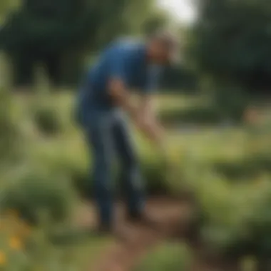 A gardener using a hoe to remove weeds from a vegetable patch