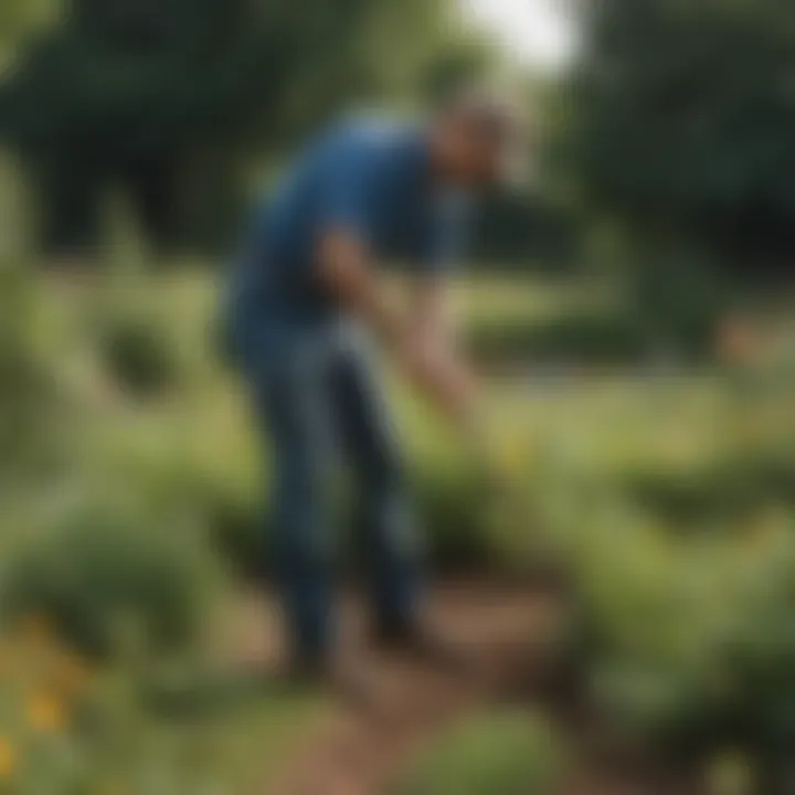 A gardener using a hoe to remove weeds from a vegetable patch