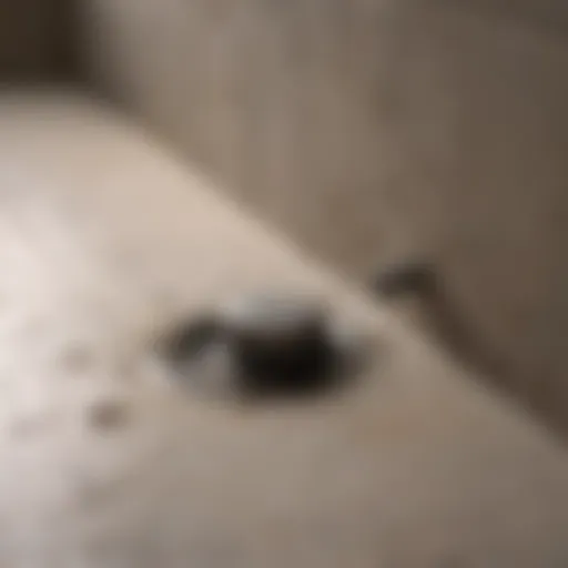 A close-up view of a clogged shower drain with hair and soap residue.