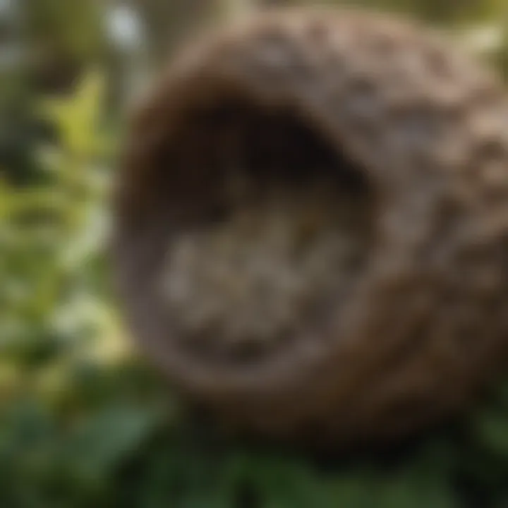 Close-up of a wasp nest in a garden