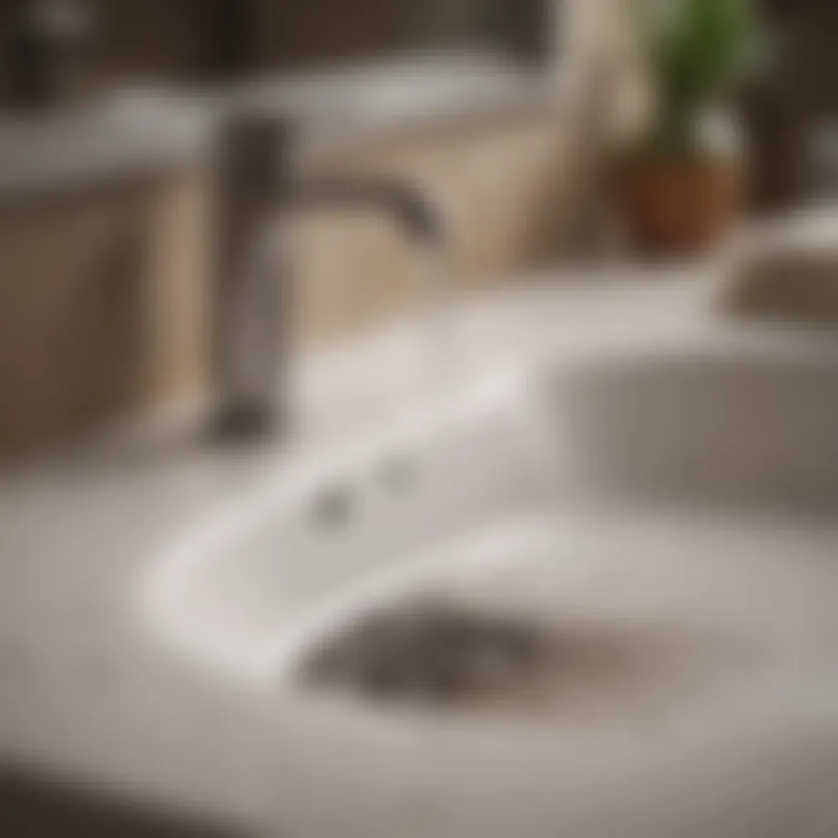 Close-up of well water stains on a bathroom sink