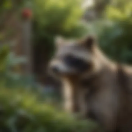 Close-up of a raccoon near a garden bed