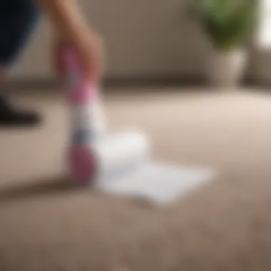 Lint Roller Simplifying Hair Removal A lint roller on a carpet collecting pet hair effortlessly