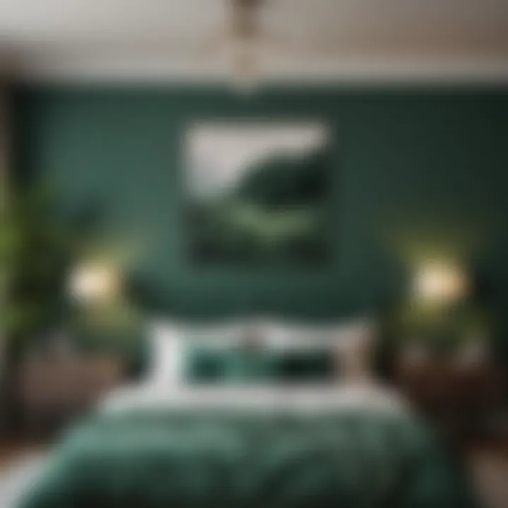 A serene bedroom featuring emerald green wall paint and artwork