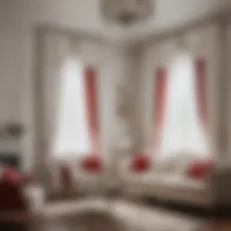 Elegant living room featuring white curtains with red trim