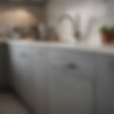 Textural Contrast of Grey Cabinets and White Countertops Close-up of grey cabinetry showcasing texture and detail against a white countertop