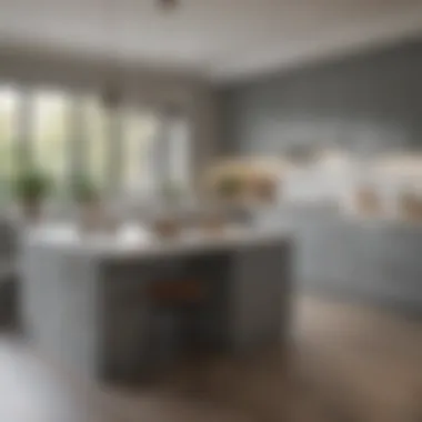 Functional Kitchen Layout with Grey Cabinets and White Surfaces A well-organized kitchen space with grey cabinets and white countertops highlighting functionality