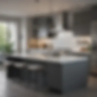 Stylish grey cabinets complementing a sleek white countertop in a modern kitchen