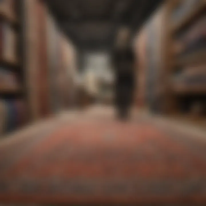 A shopper browsing through a selection of rugs in a store