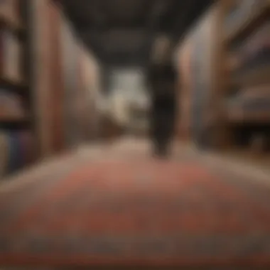 In-Store Rug Shopping Experience A shopper browsing through a selection of rugs in a store