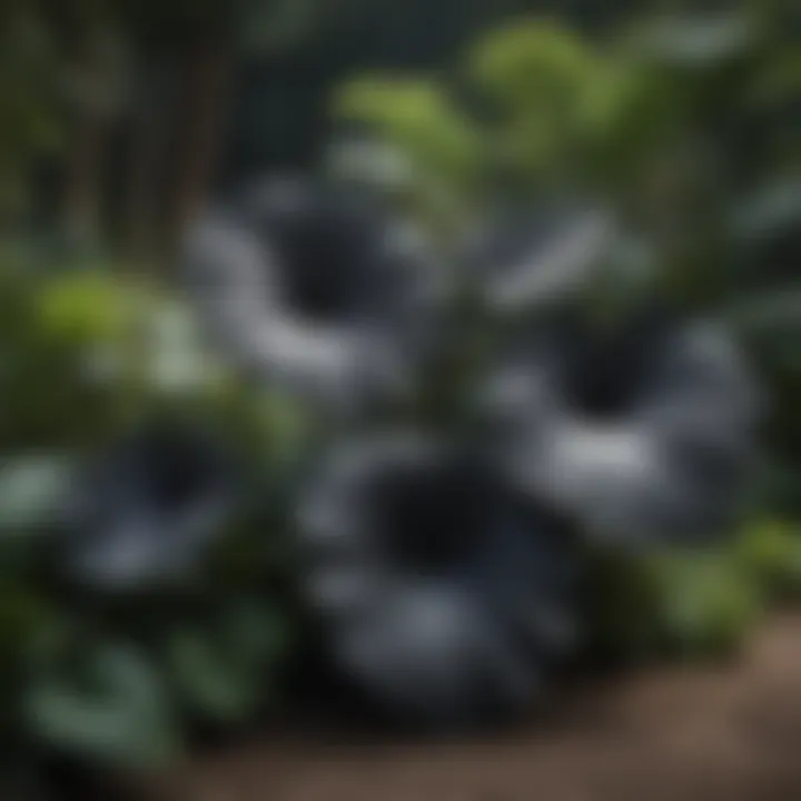 A well-maintained garden featuring a variety of black elephant ear plants