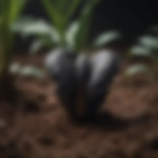 Vibrant black elephant ear plant bulb nestled in rich soil