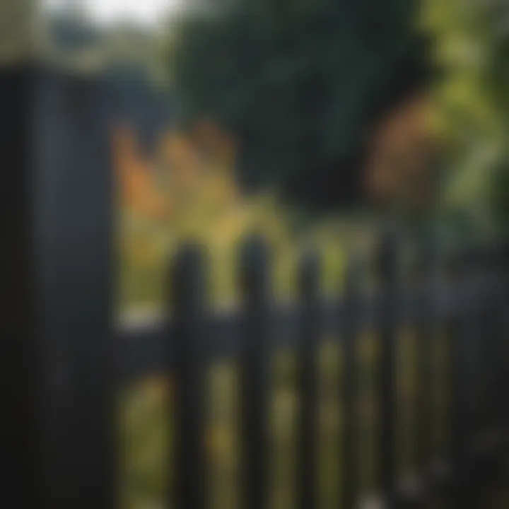 Close-up of black wooden fencing against a vibrant landscape