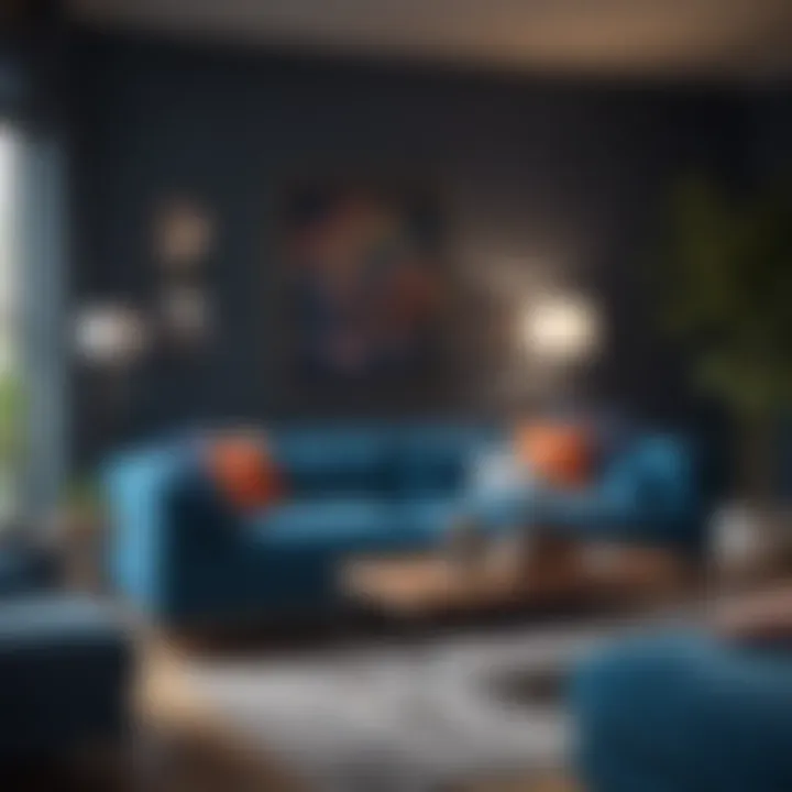 Contemporary interior with a blue sofa and vibrant cushions