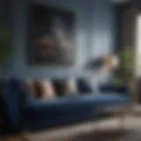 Luxurious living room featuring a deep blue sofa