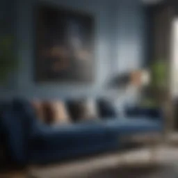 Luxurious living room featuring a deep blue sofa