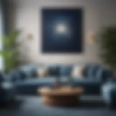 Blue sofa paired with neutral decor elements
