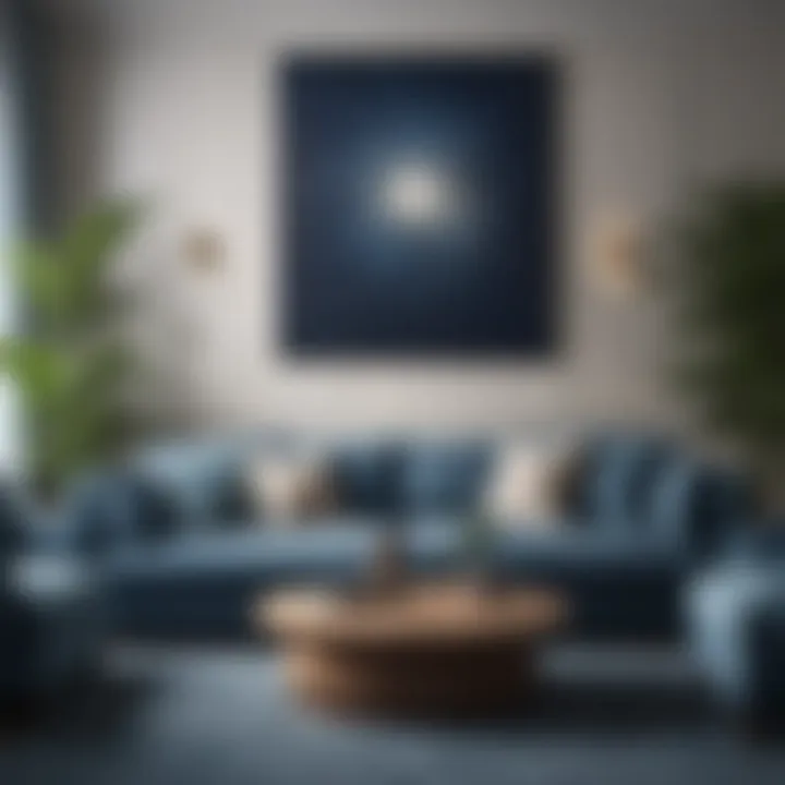 Blue sofa paired with neutral decor elements