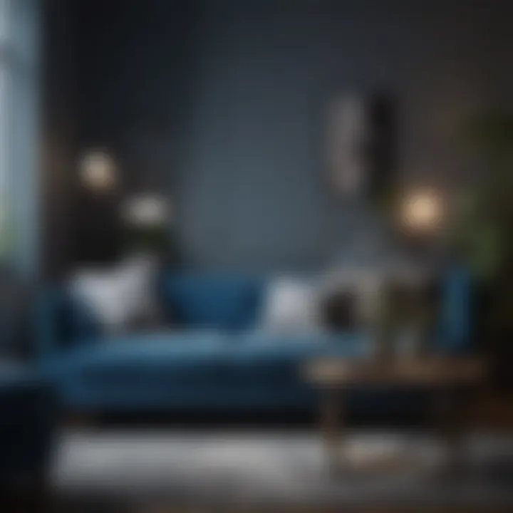 Elegantly styled blue sofa in a serene setting