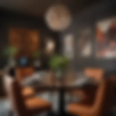 Cozy dining area with striking art pieces and unique table settings