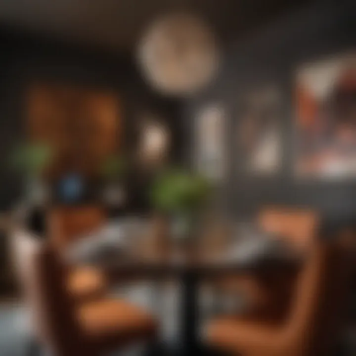 Cozy dining area with striking art pieces and unique table settings