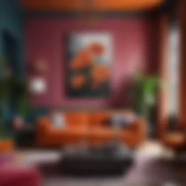 Daring Color Schemes in Bold Interiors Vibrant living room showcasing daring color contrasts and eclectic decor