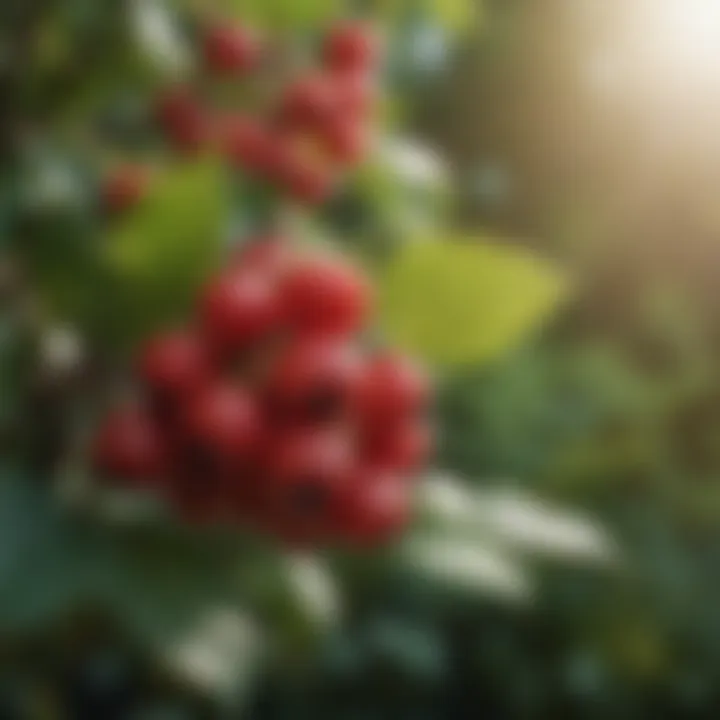 Close-up of red berries with leaves in sunlight