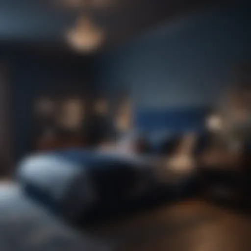A serene dark bedroom with deep blue walls and soft lighting