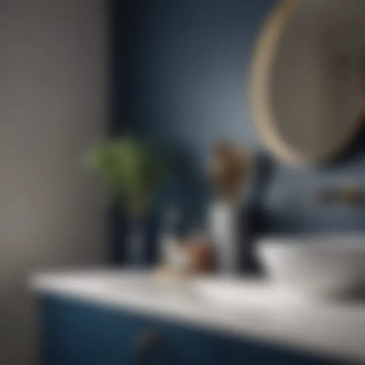 Stylish bathroom accessories complementing dark blue paint