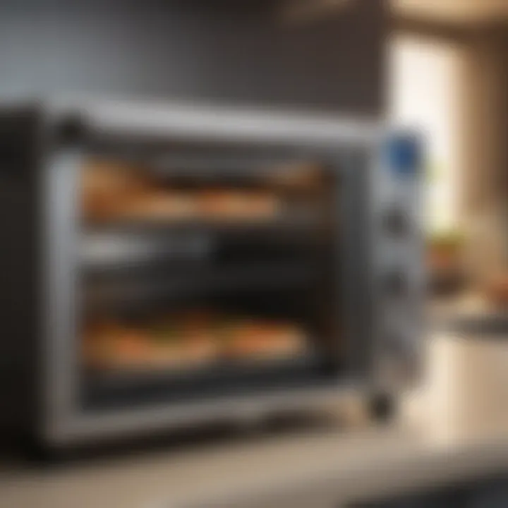 Interior view of a dual shelf toaster oven with perfectly arranged dishes.