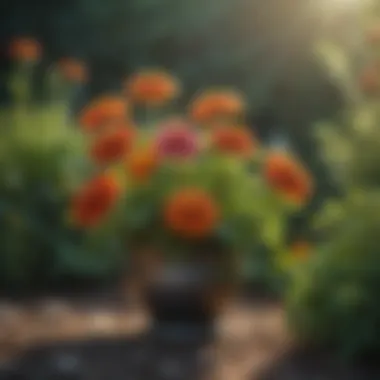 Artistic arrangement of zinnias in a garden landscape