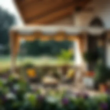 A cozy outdoor seating area enhanced by an awning