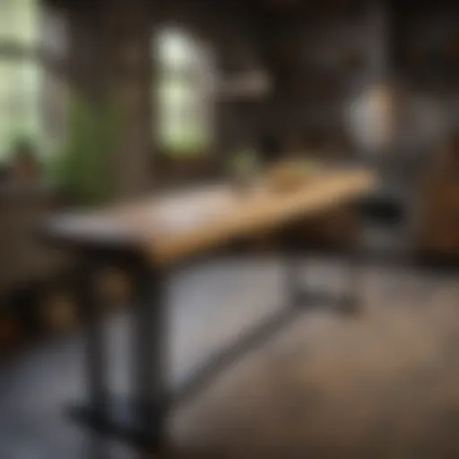 Sleek narrow kitchen work table made of reclaimed wood