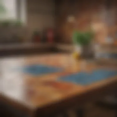 Rustic narrow kitchen table featuring a vibrant tile top