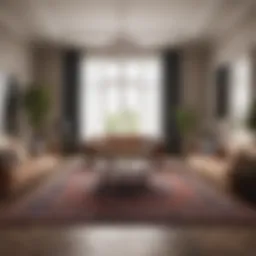 A spacious living room with a large area rug that complements the decor.
