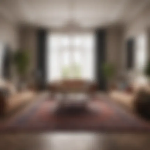 A spacious living room with a large area rug that complements the decor.