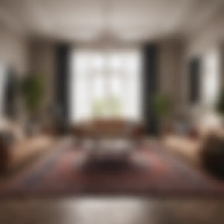 A spacious living room with a large area rug that complements the decor.