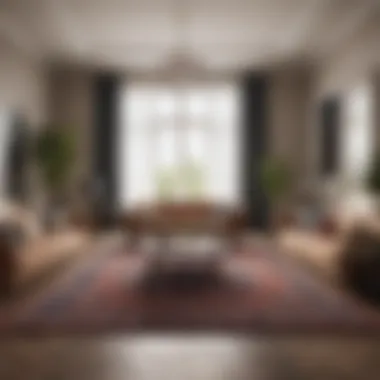 Spacious Living Room with Complementary Rug A spacious living room with a large area rug that complements the decor.
