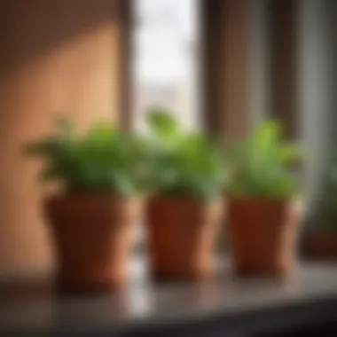 Terracotta pots showcasing thriving basil and mint