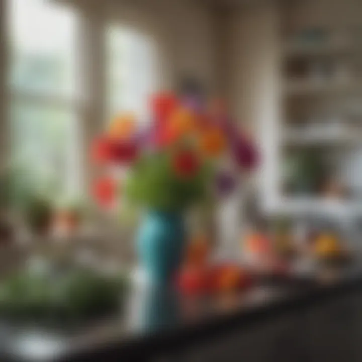 Colorful flowering plants in a bright kitchen