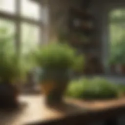 Lush green herbs on a kitchen table