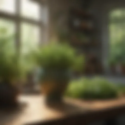 Lush green herbs on a kitchen table