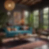 Vibrant living room showcasing modern bohemian decor and furniture