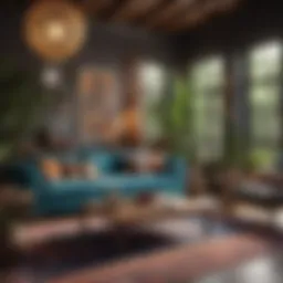 Vibrant living room showcasing modern bohemian decor and furniture