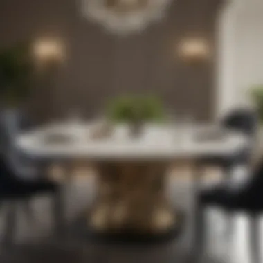 Luxurious round dining table with a marble top and metallic accents