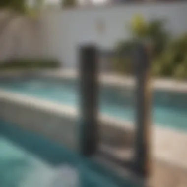 Close-up of safety features on a contemporary pool gate